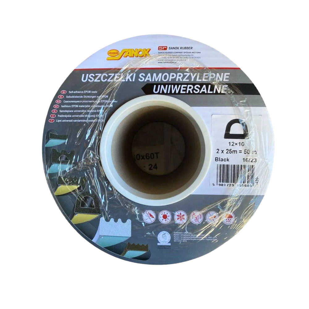 Уплотнитель самоклеящийся Sanok 'D' 12*10 мм 50 м черный