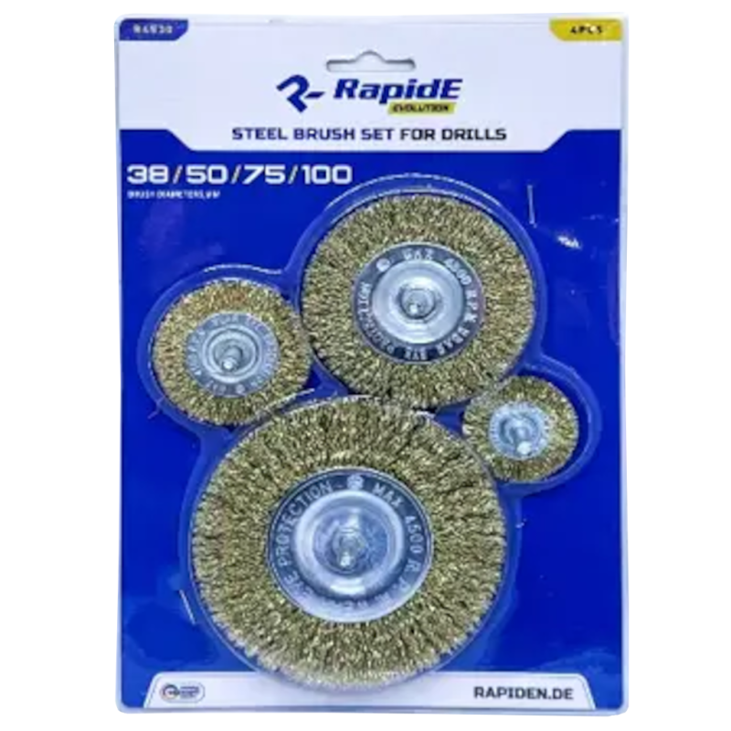 Набор щеток RapidE R4530 4pcs для дрели 38mm/50mm/75mm/100mm рифленые, латунированная проволока