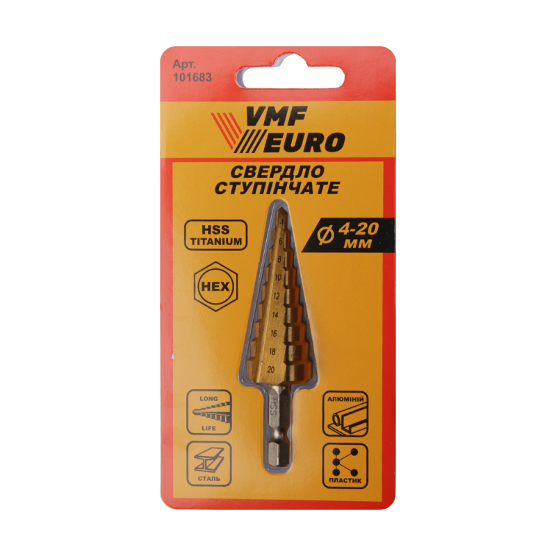 Сверло ступенчатое по металлу VMF, 4-20 мм, HSS Titanium, HEX